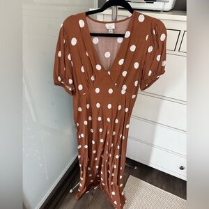V-neck brown polka dot midi/maxi dress
